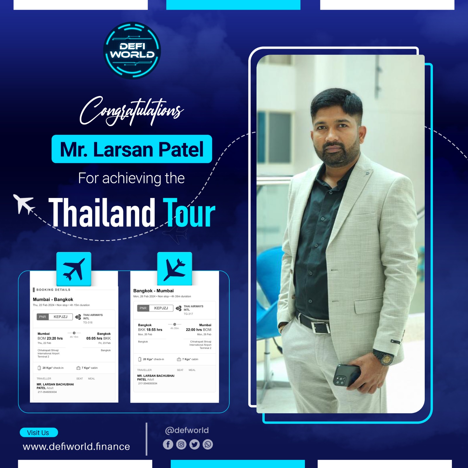 Celebrating Mr. Larsan Patel’s Remarkable Achievement: Thailand Tour with DEFI World